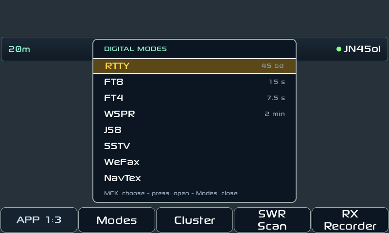 Modes menu